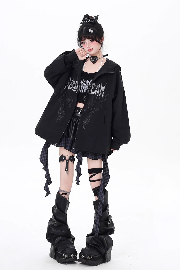 Loose Jirai Kei Gothic Coat with Print and Zipper, Long Sleeve