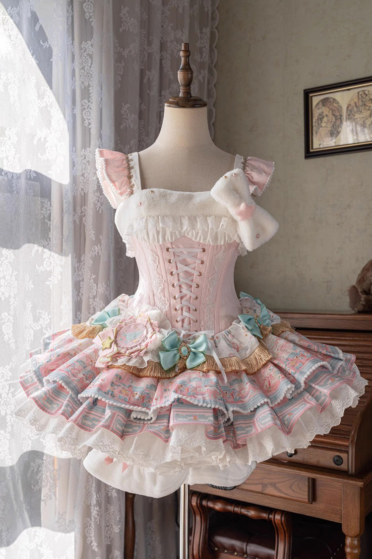 Candy House Multi-Layer Print Ruffle Bow Lace-Up Ballet Lolita JSK