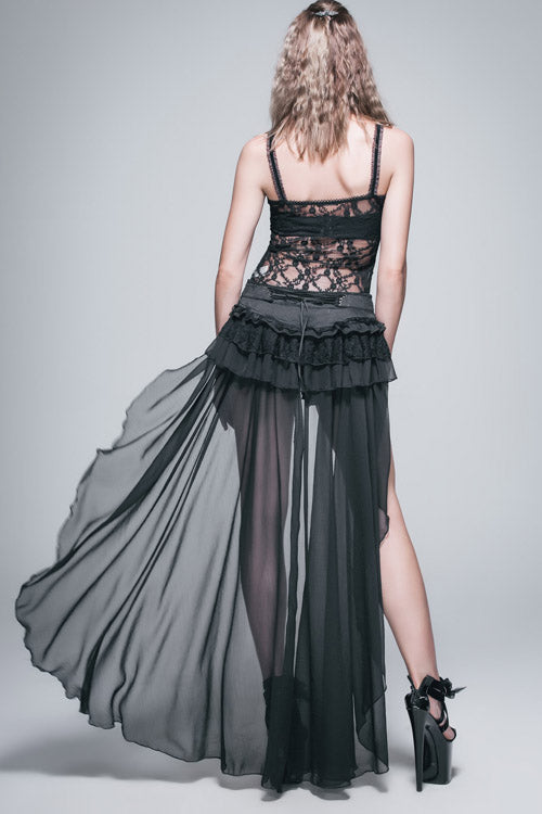 Gothic Short Women's Pants with Back Front Buckle Waist, Lace Up, Chiffon Lace Hem