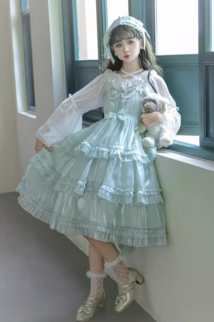 Emerald Starry Gauze Love Song Triple Ruffle Bow Sweet Lolita Tiered JSK Dress