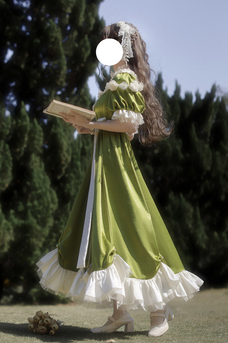 Emerald Square Neck Short Sleeve Ruffle Bow Sweet Regency Vintage Lolita Dress