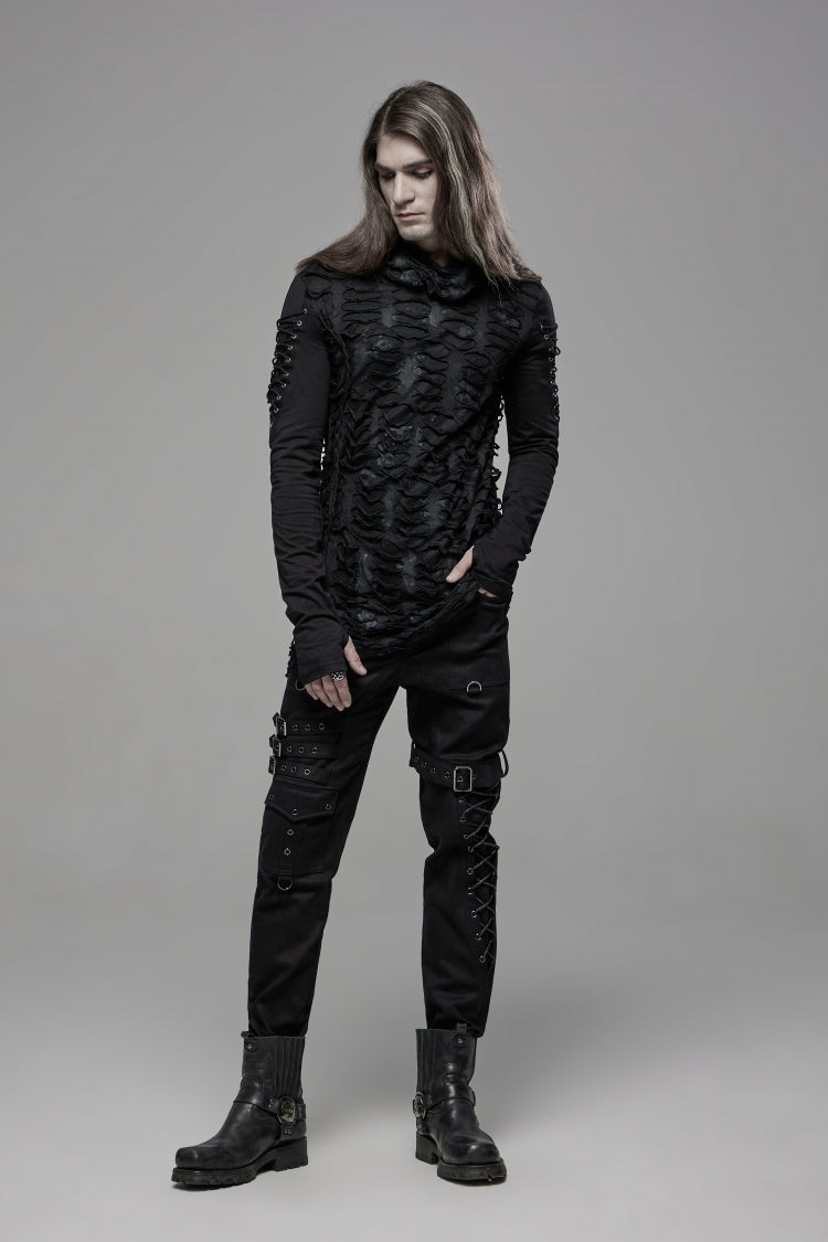 Gothic Cool Tee for Men with Lace-Up, Hood, Rips, and Pleats, Extended Sleeves