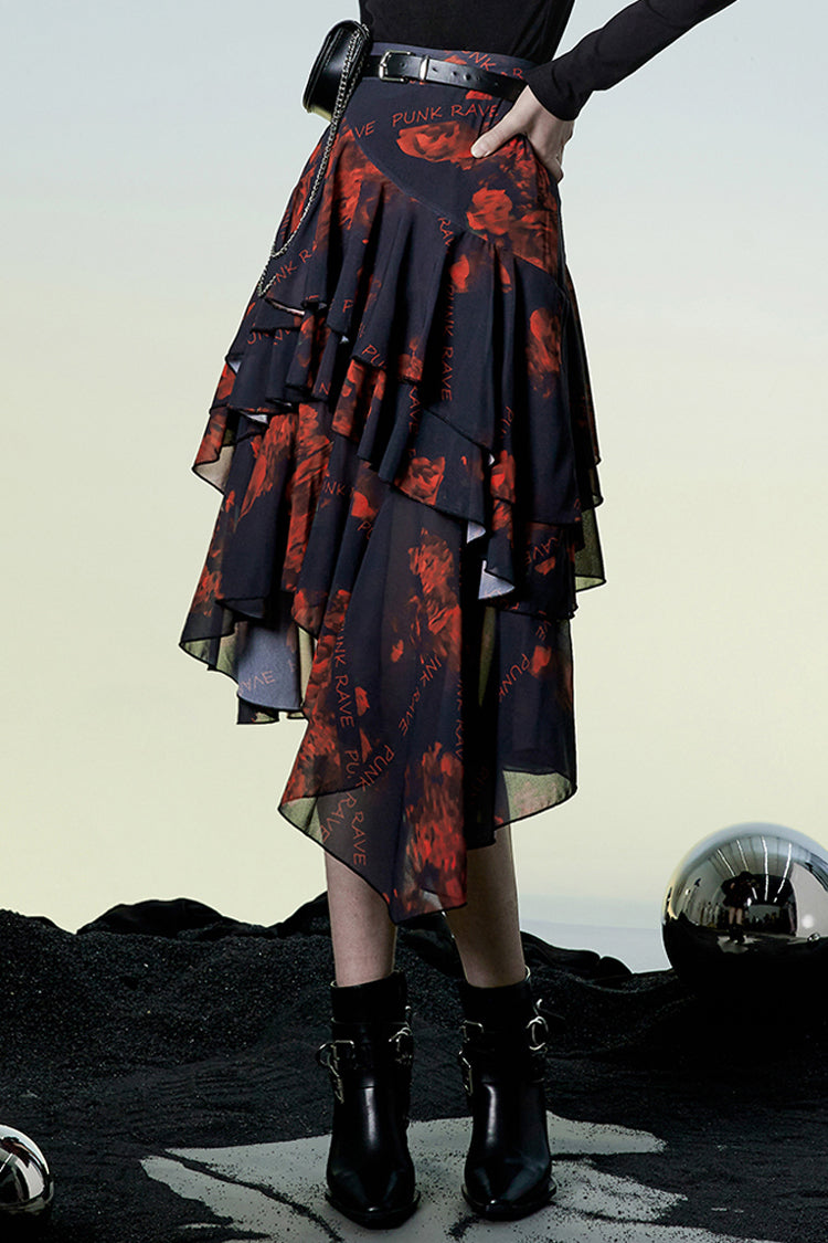 Crimson Noir Layered Chiffon Pattern Print High-Waist Punk Skirt