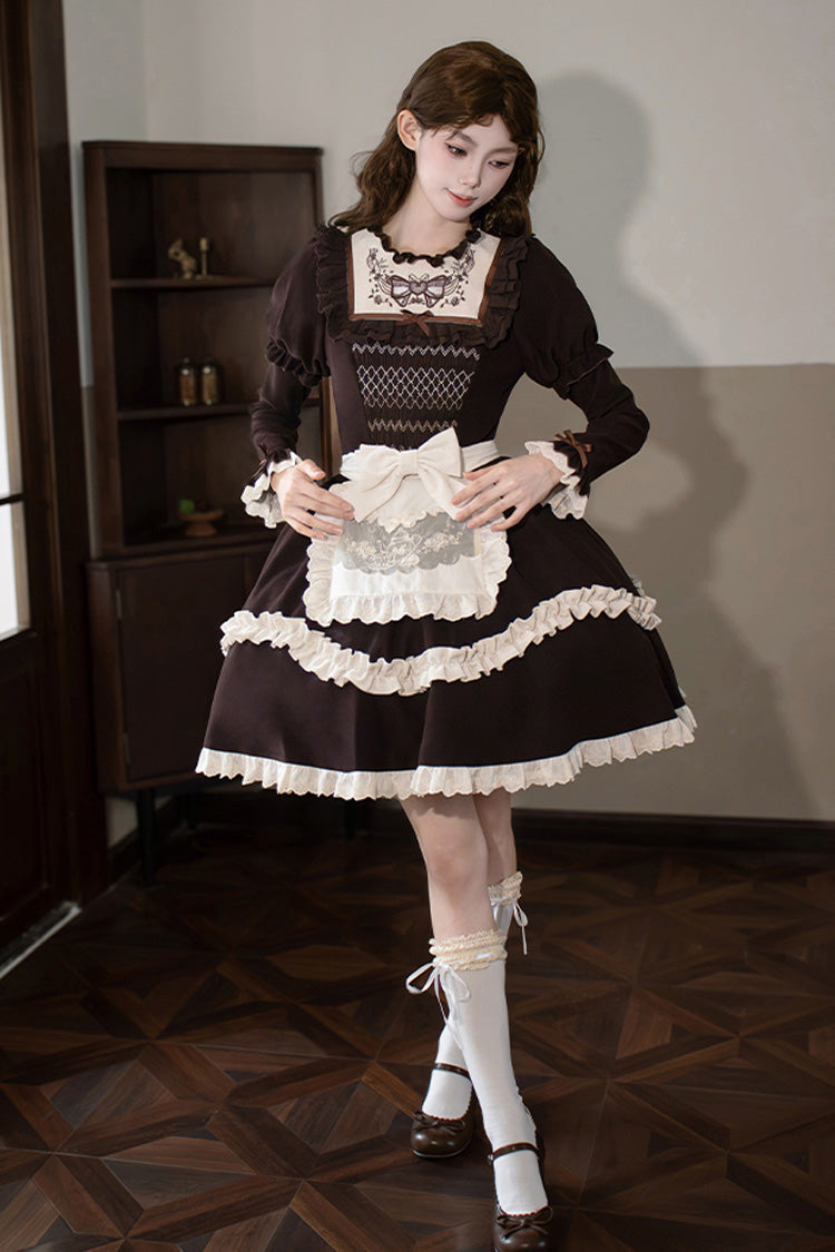 Chocolate Double Layer Ruffle Bow Embroidered Short Lolita Dress - Miss Brown
