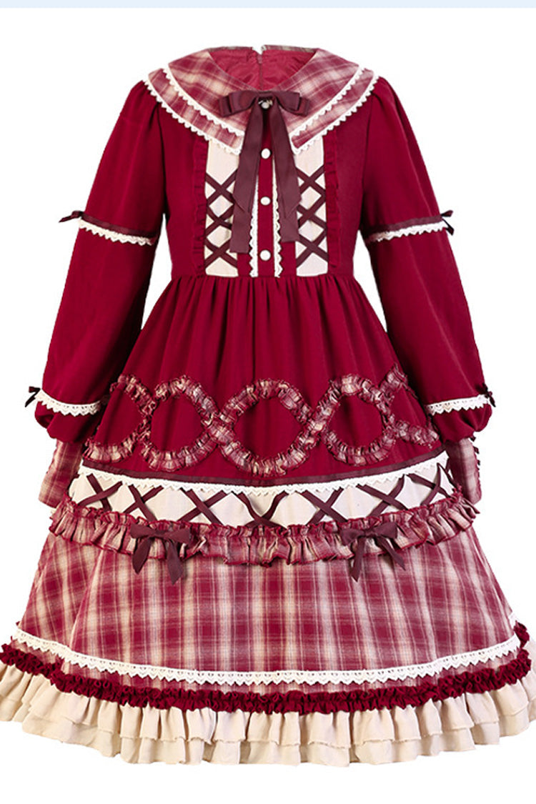 Crimson Plaid Layered Lolita OP with Lantern Sleeves and Bows