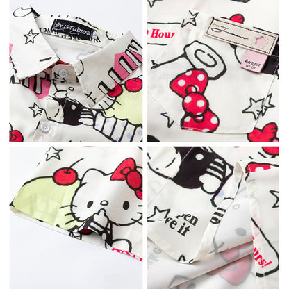 T-shirt Kawaii à motif de gâteau aux cerises et chat KI506