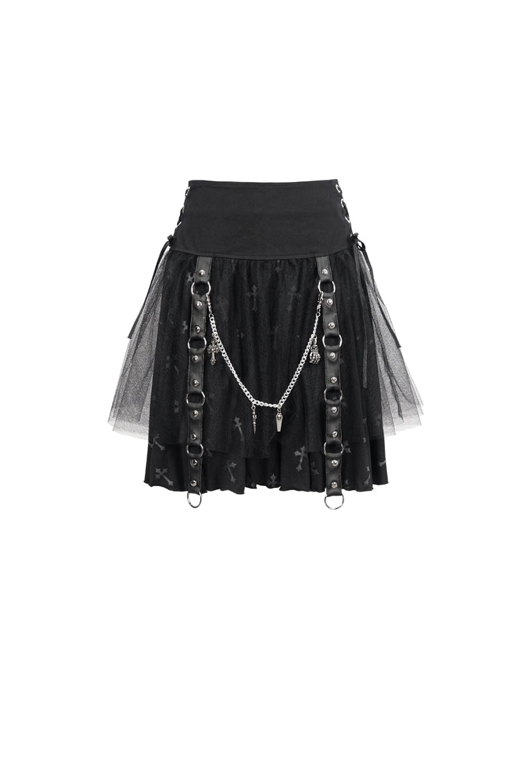 Women's Punk Skirt with Detachable Metal Chain and Cross Print Side Straps