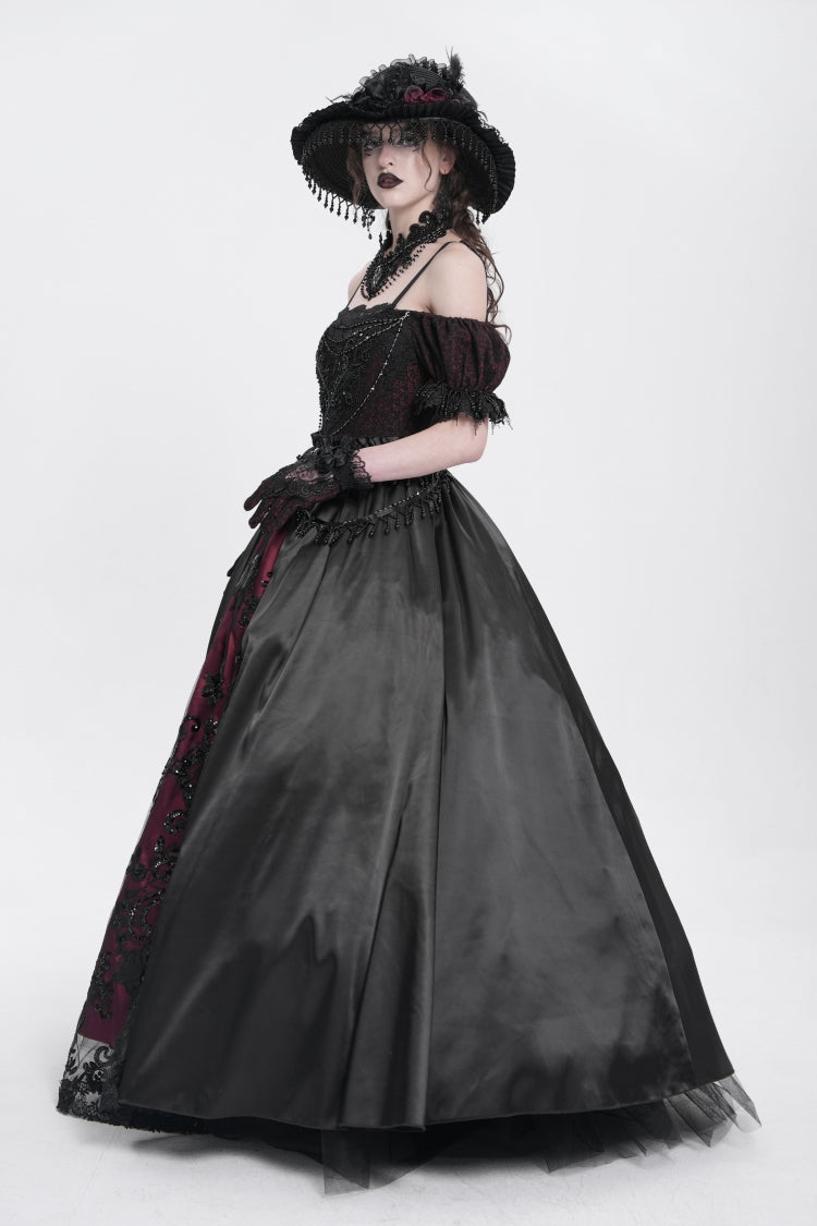 Crimson & Noir Off-Shoulder Embroidered Stitched Lace Gothic Dress