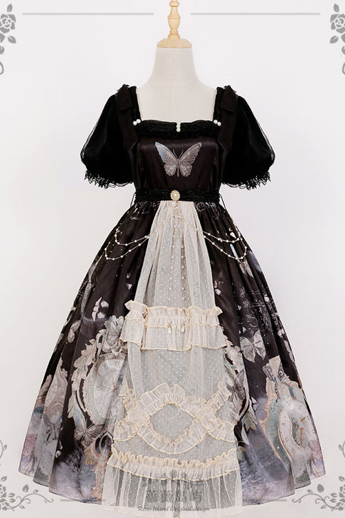 Vintage Butterfly Print High-Waisted Lolita Dress with Square Collar