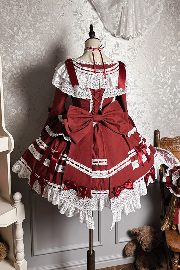 Burgundy Rabbit Sleeping Doll Print Flared Sleeves Ruffle Bow Lace Sweet Lolita Dress
