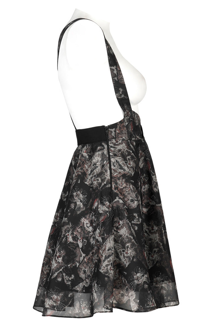 Gothic Skirt with Lace and Cat Print Suspender Design