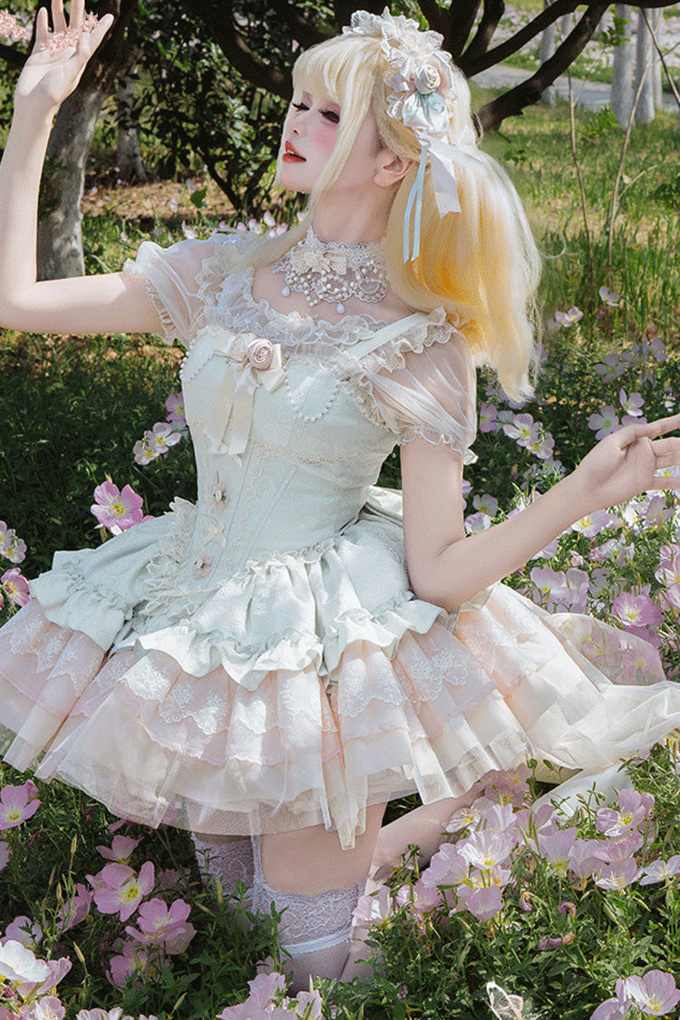Emerald Sleeveless Multi-Layered Ruffle Bow Lace Lace-Up Sweet Princess Lolita JSK