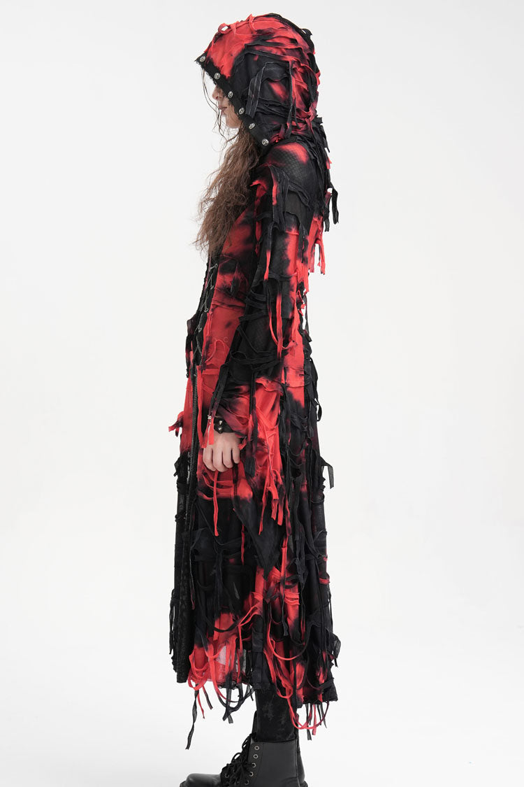 Crimson & Noir Long Sleeve Lace Distressed Zippered Punk Coat