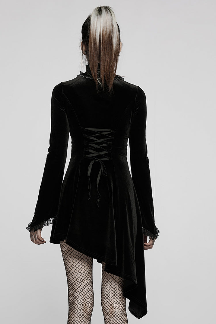 Flared Bell Sleeve Lace Patch Asymmetrical Gothic Gown - 2 Colors