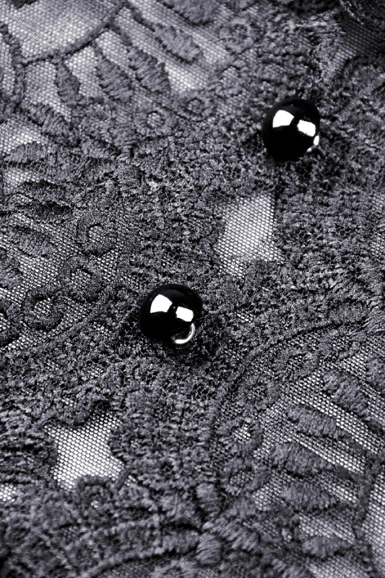 Gothic Velvet Gown with Puff Sleeves and Lace Detailing in Black