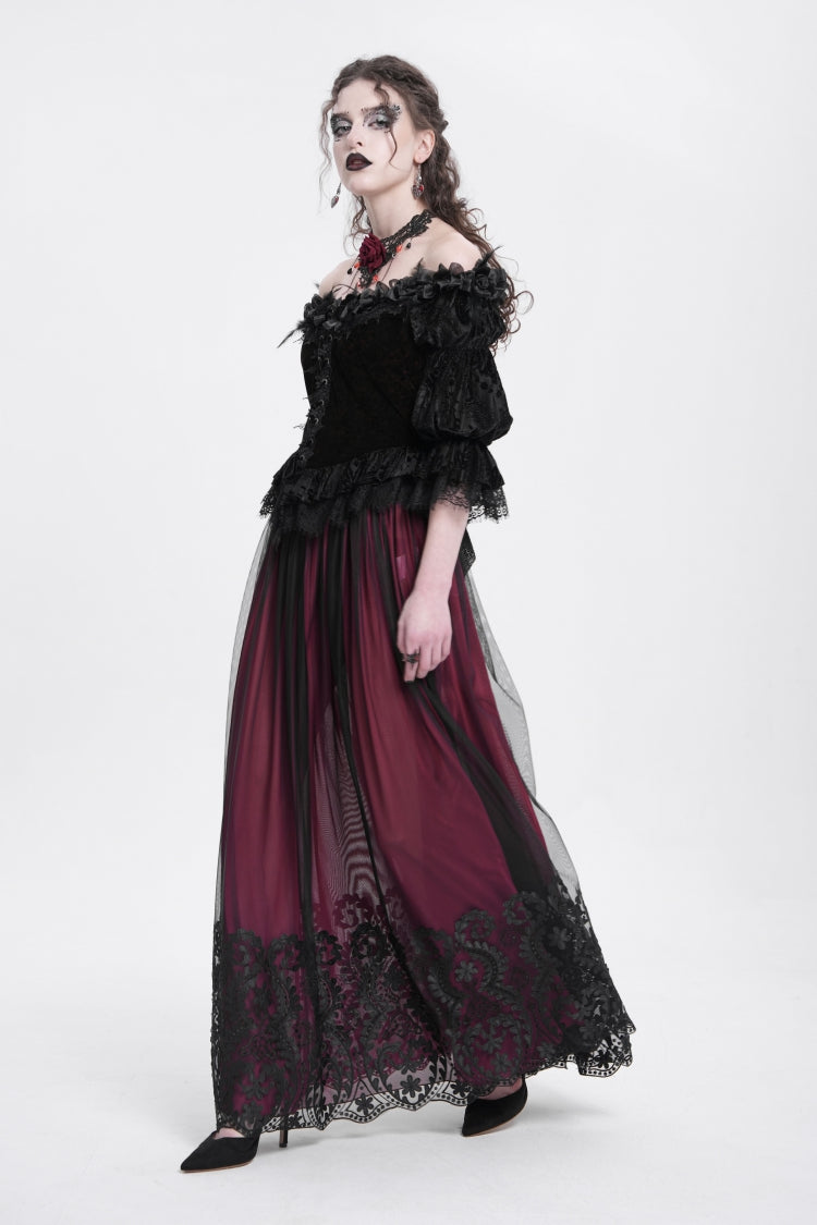 Crimson Gothic Blouse with Ruffled Sleeves and Lace-Up Front