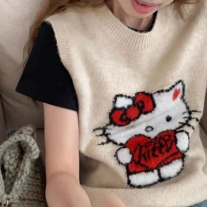 Gilet pull brodé avec motif chat de dessin animé KI640