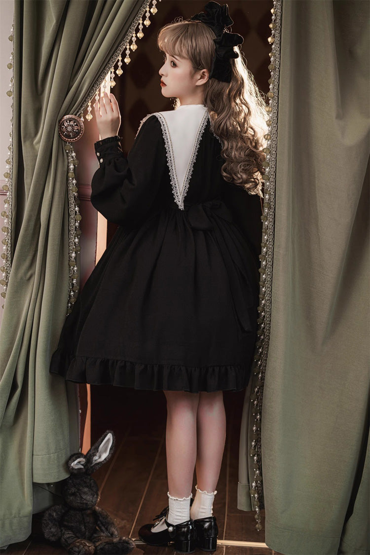 Elegant Nun-Inspired Gothic Dress with Ruffled Bow and Lace, Long Sleeves