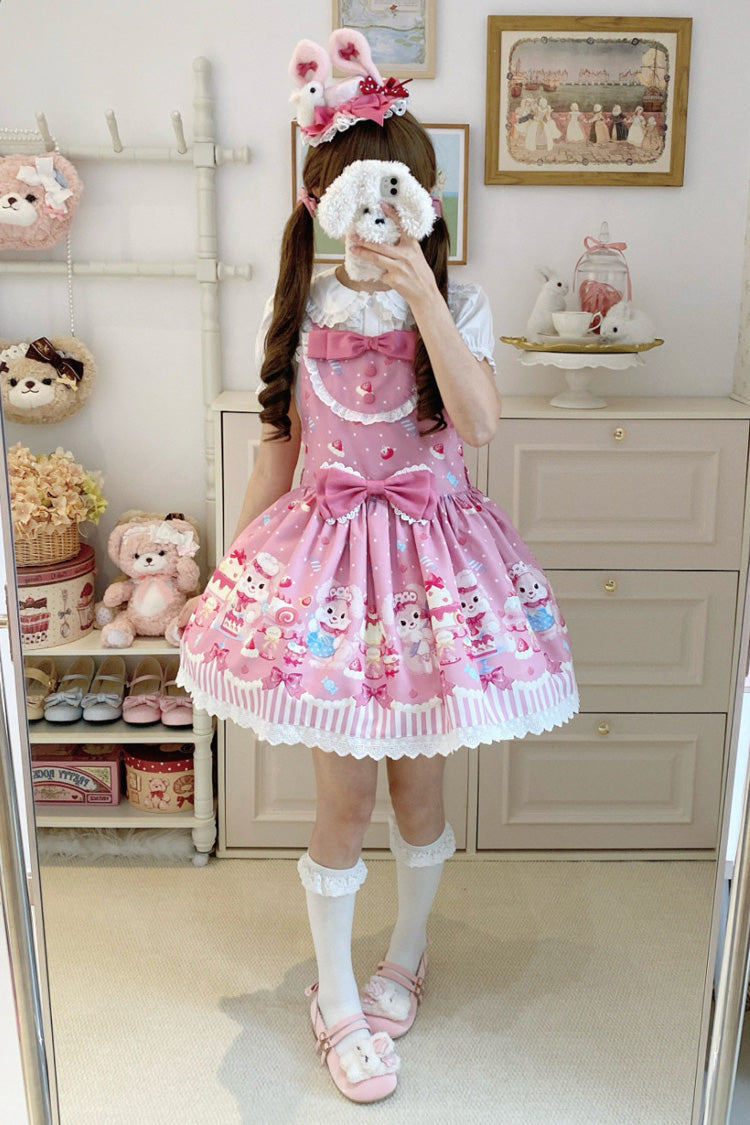Rose Cupid Bunny Print Sleeveless Bow Princess Lolita Strappy Dress