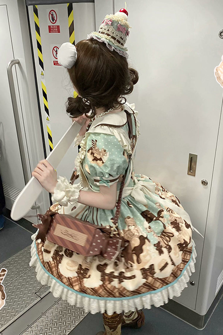 Sweet Lolita Dress with Chocolate Cake Bear Print and Lace-Up