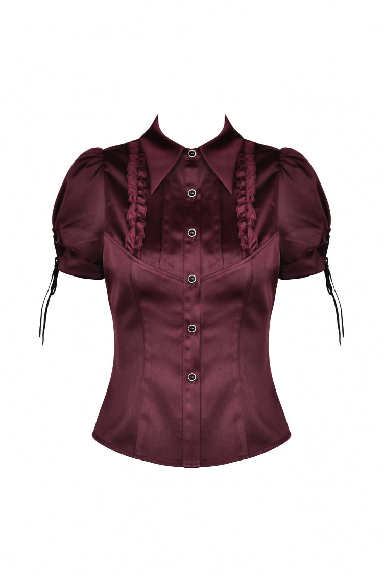 Burgundy Point Collar Short Puff Sleeve Ruffled Gothic Elegant Women's Blouse