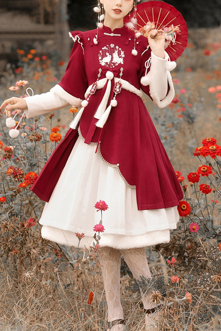 Cherry Rabbit Motif Hanfu Outfit with Long Sleeves and High Rise