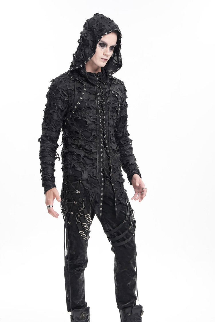 Gothic Hooded Coat with Studs and Lace-Up Front