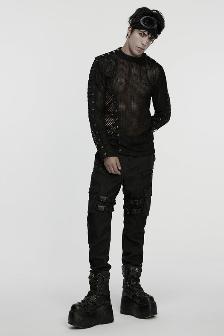 Punk Eyelet Mesh Tee for Men with Extended Sleeves