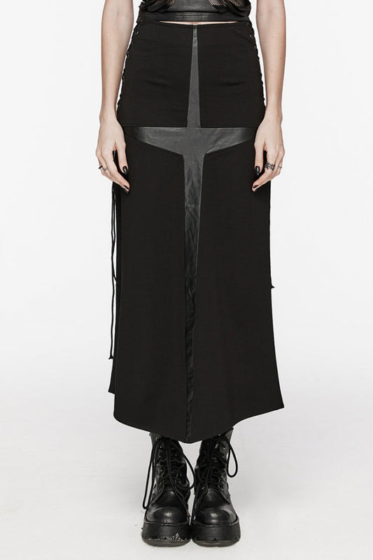 Women's Steampunk Skirt with Lace-Up Stitching and Cross Print