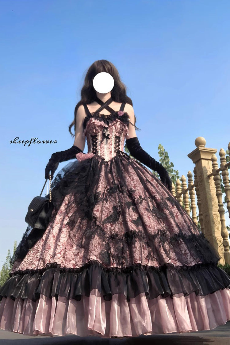Gothic Lolita JSK Dress with Witch Print and Lace Ruffles - Medea Kiss - Dual Hues