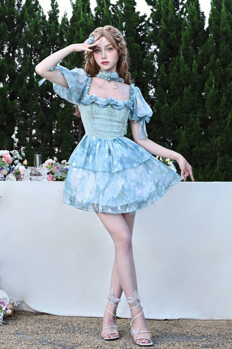 Azure Square Neck Short Puff Sleeve Multi-Layer Print Ruffle Tie-Dye Princess Lolita