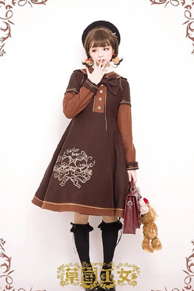 Sweet Lolita Woolen Coat with Bear Print Embroidery and Long Sleeves Bowknot