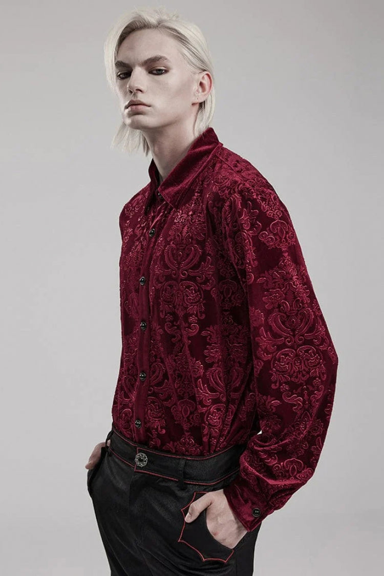 Gothic Men's Velvet Blouse with Embossed Print - Long Sleeve - Dual Colors