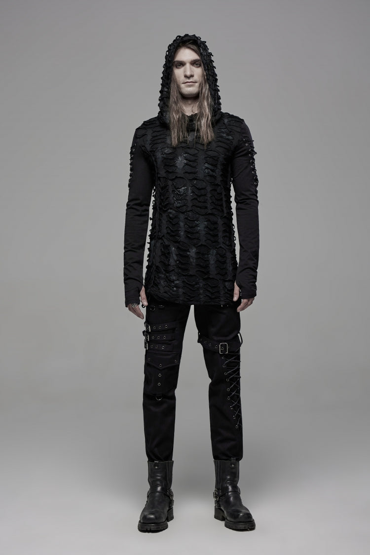 Gothic Cool Tee for Men with Lace-Up, Hood, Rips, and Pleats, Extended Sleeves