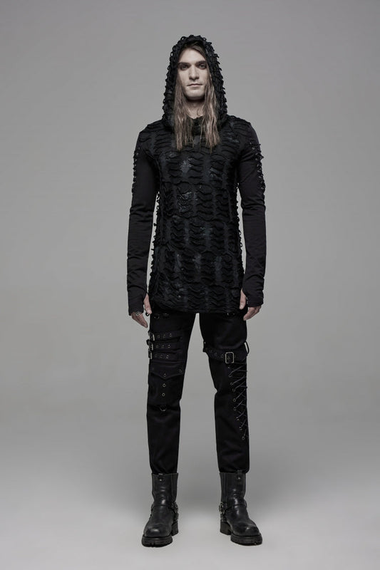 Gothic Cool Tee for Men with Lace-Up, Hood, Rips, and Pleats, Extended Sleeves