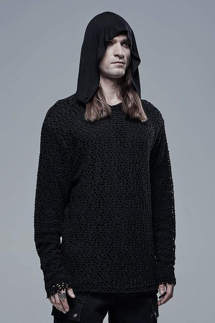 Men's Punk Two-Piece Tee with Mesh Outer & Hooded Inner in Black Knit