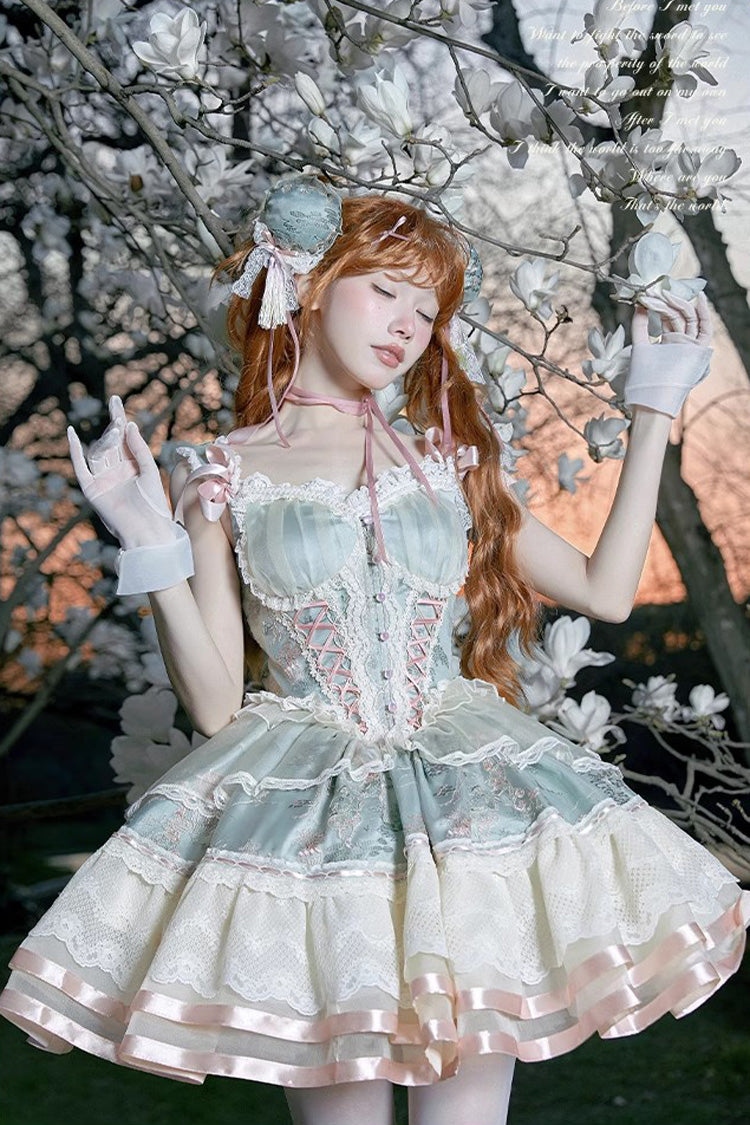 Emerald Waltz Multi-Layer Print Ruffle Bow Sweet Chinese Elegant Lolita Jumper