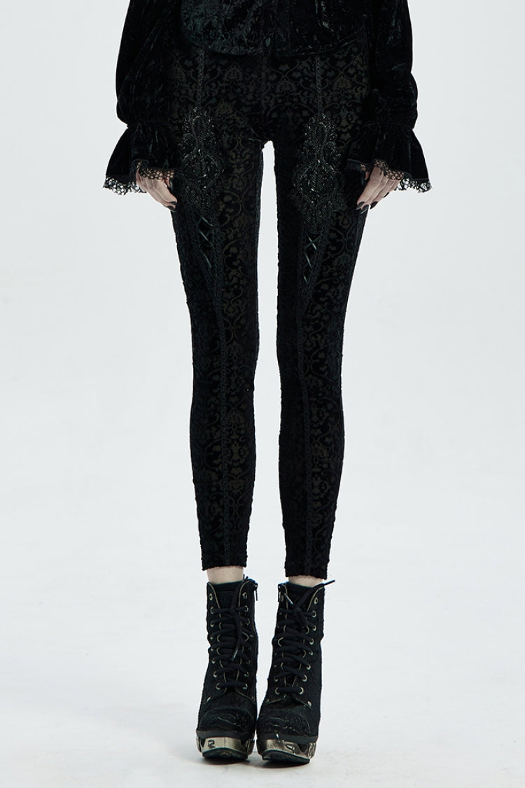 Gothic Leggings with Jacquard Pattern for Women in Black