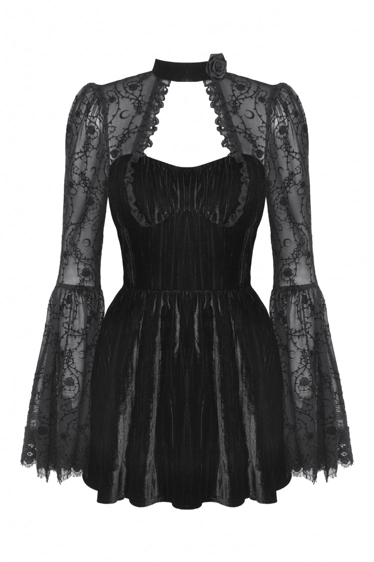 Floral Jacquard Lace-Up Mini Dress with Trumpet Sleeves and Cut-Outs