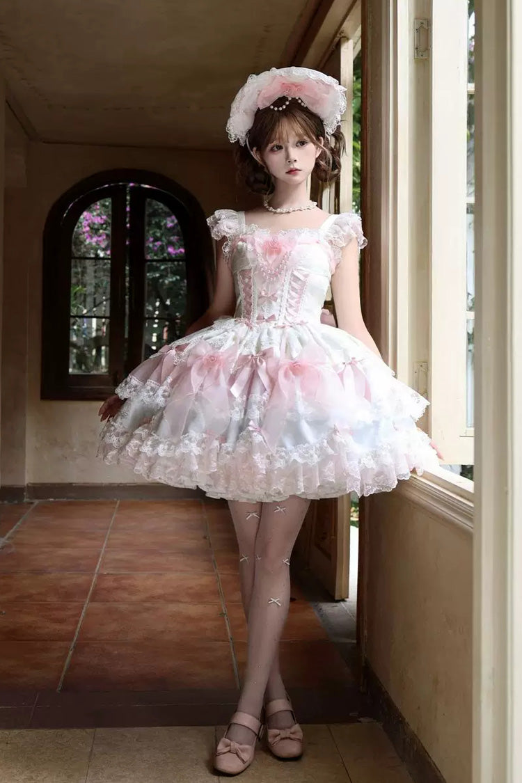 Pink Shadow Veil Square Collar Flutter Sleeves Multi-Layered Bow Lace Sweet Lolita Jsk Dress