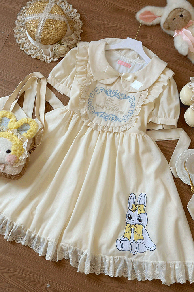 Sweet Dream Bunny Doll Collar Short Sleeves Ruffle Embroidery Bowknot Sweet Plus Size Lolita Dress
