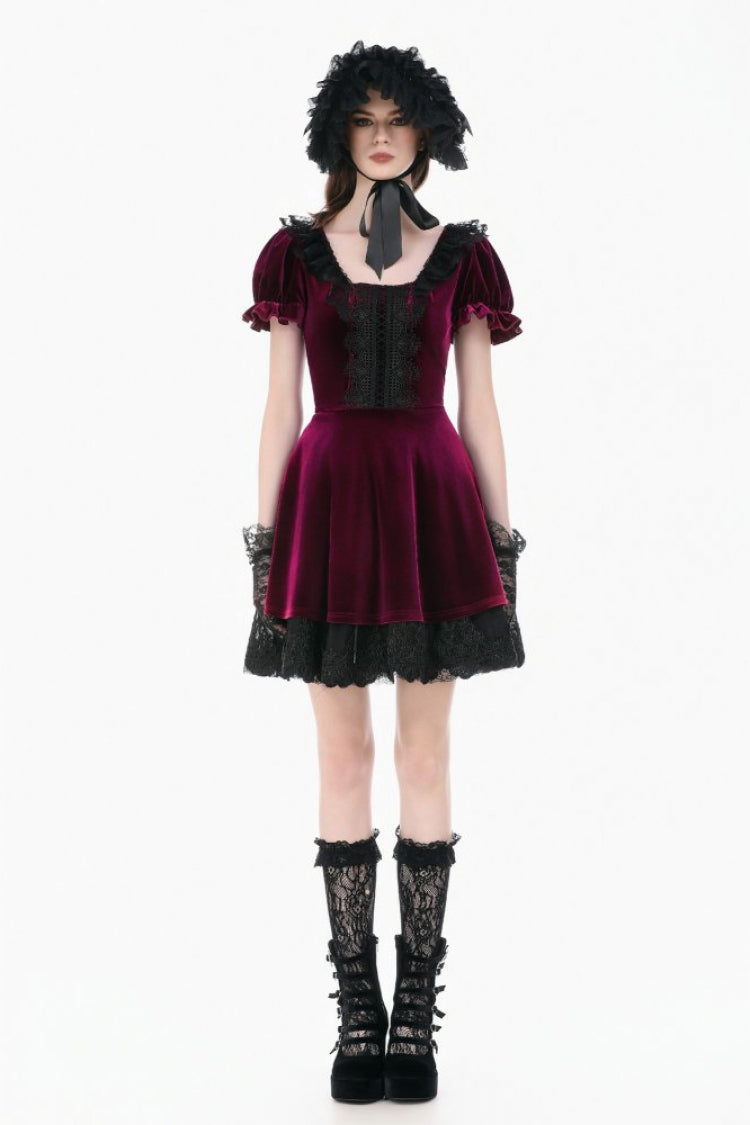 Burgundy Square Collar Short Puff Sleeve Velvet Patchwork Lace Lace-Up Gothic Dress