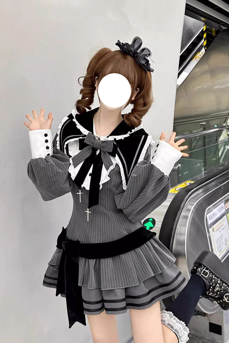 Navy Collar Long Sleeve Ruffle Gothic Dress - Bizarre Rabbit Opera