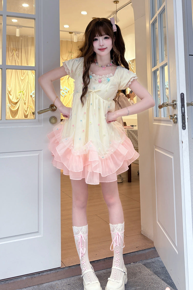 Bubble Lover Short Puff Sleeves Multi-Layered Ruffle Lace Sweet Princess Lolita Dress