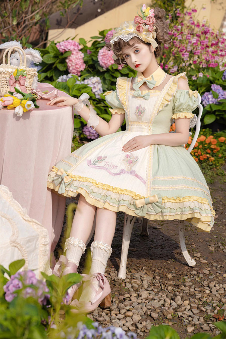 Emerald Short Sleeve Tulip Print Ruffle Bow Sweet Lolita Dress