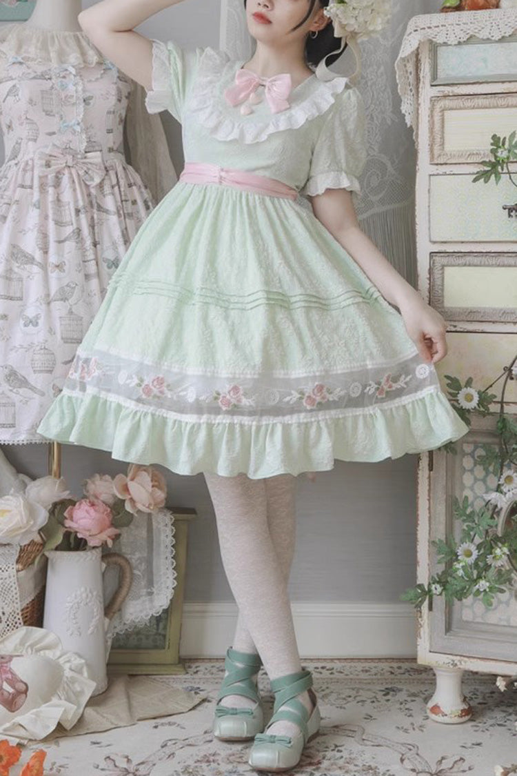 Emerald Short Sleeve Rose Print Ruffle Bow Sweet Lolita Dress