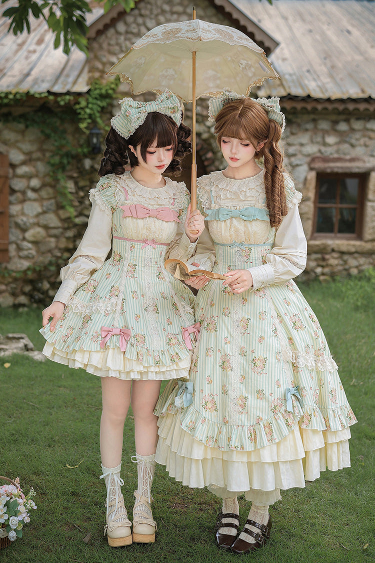 Emerald An Encounter with Austin Square Collar Short Sleeve Multi Rose Printed Ruffled Bow Lace Sweet Lolita Gown
