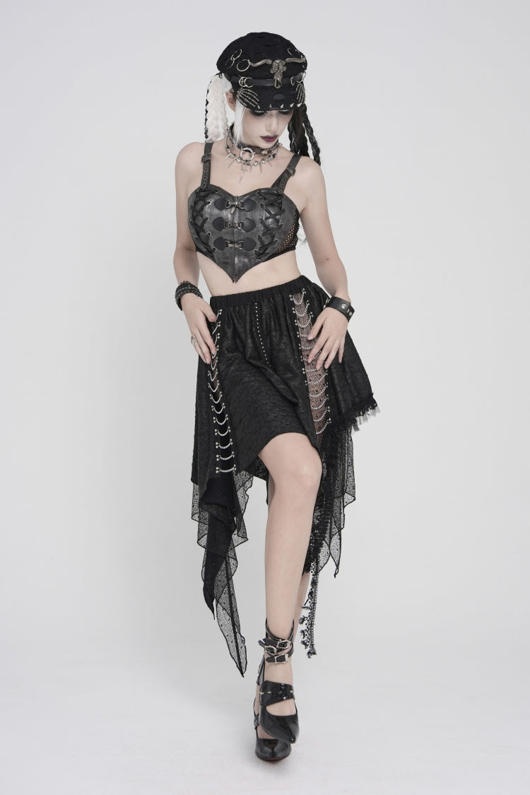 Punk Streamer Skirt with Irregular Hem and Chain Accents