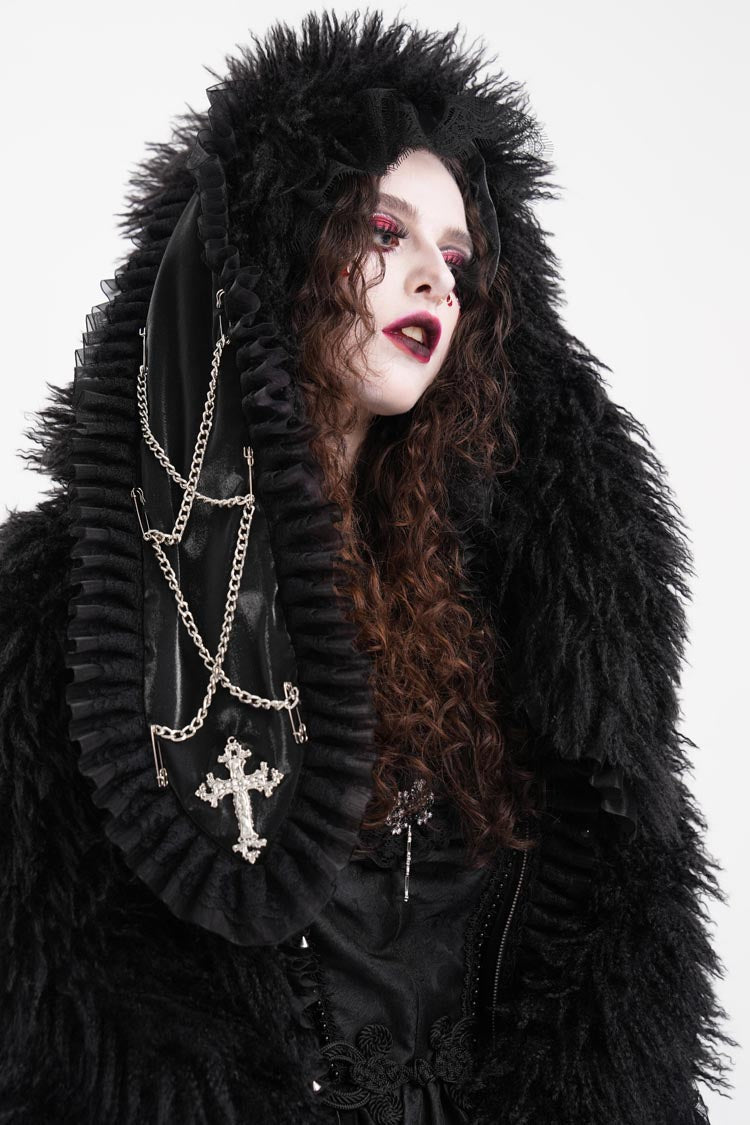 Gothic Jacket with Lace Hood, Zipper Chain, and Extended Sleeves