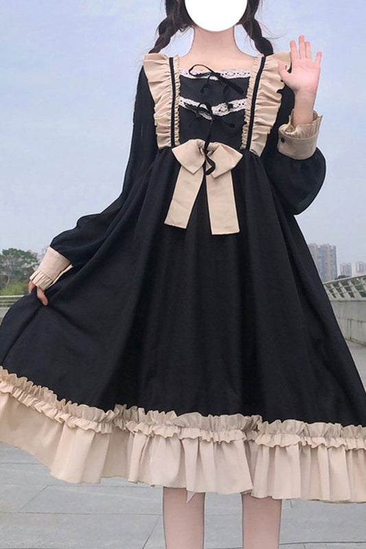 Long-Sleeve Waist Bow Frilled Sweet Lolita One-Piece Dress